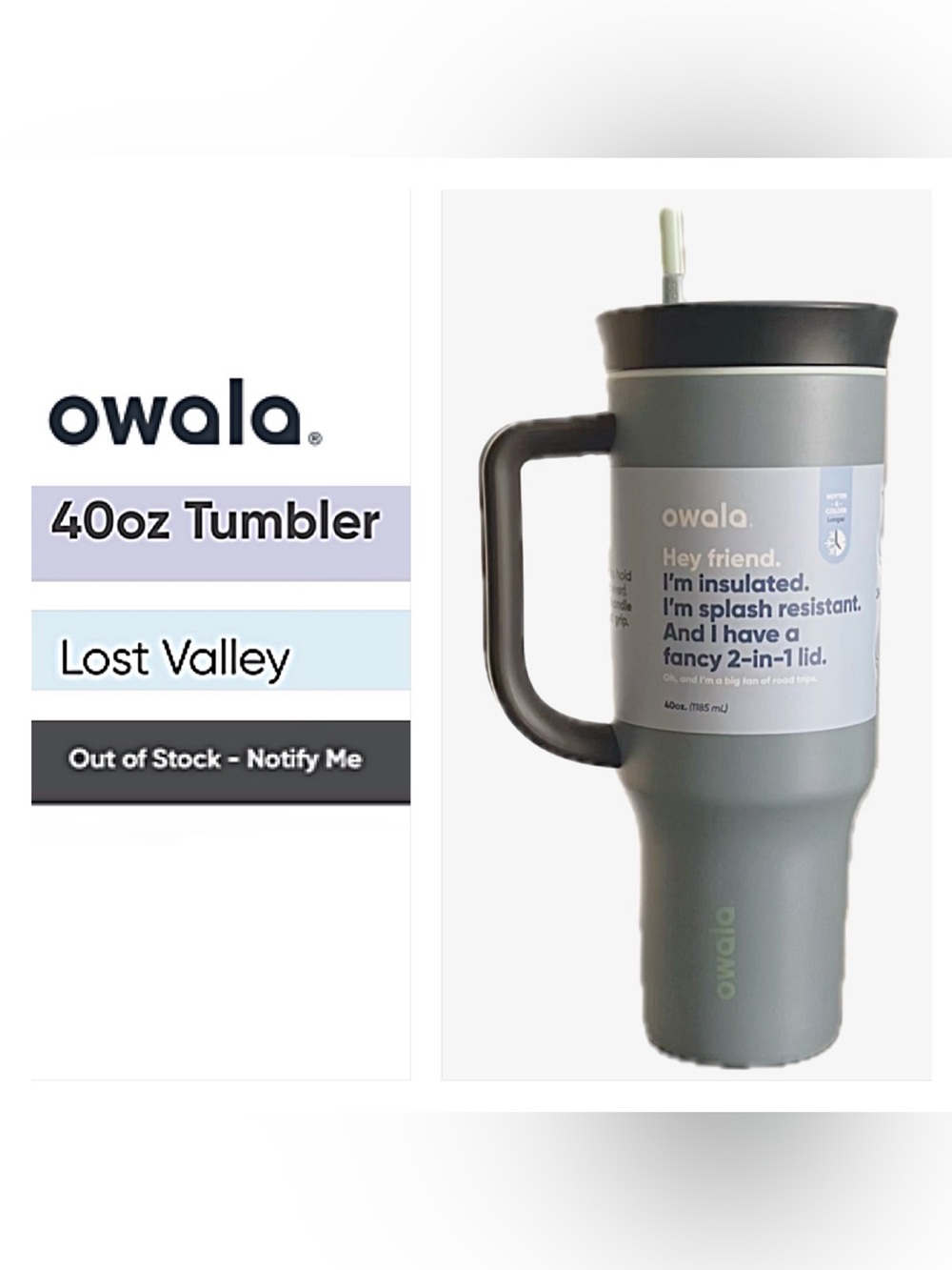 NEW OWALA 40 oz Travel Tumbler Stainless Steel w/ Straw & Handle LOST VALLEY OOS